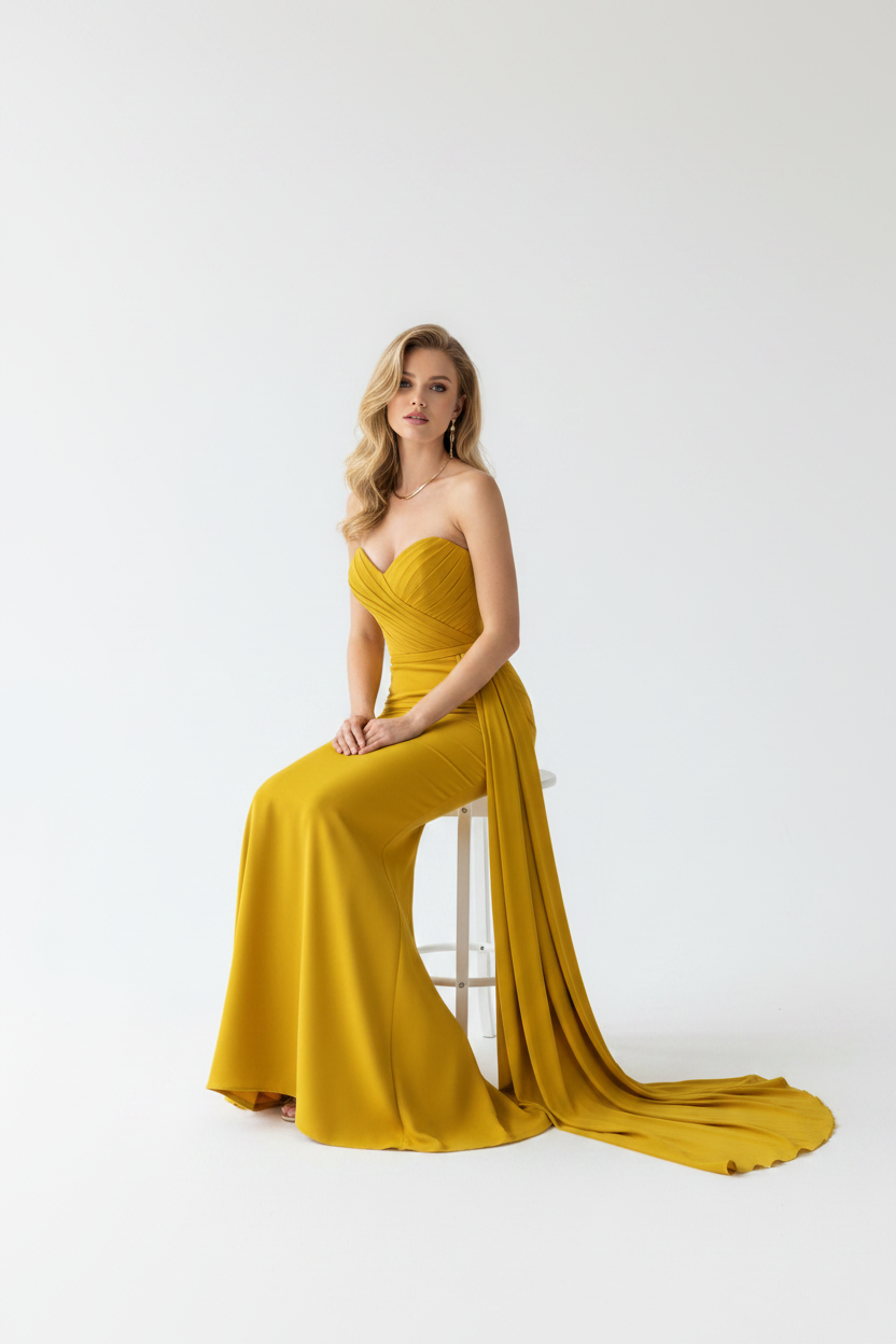 Yellow mermaid gown seated view – strapless ruched formal dress showing full silhouette