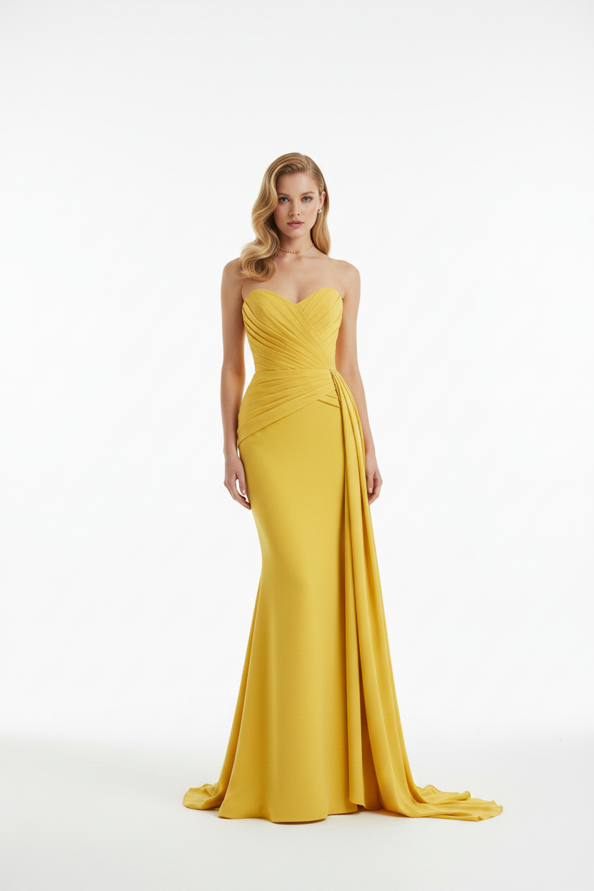 Yellow strapless mermaid gown front view – ruched floor-length formal dress with side sash on blonde model