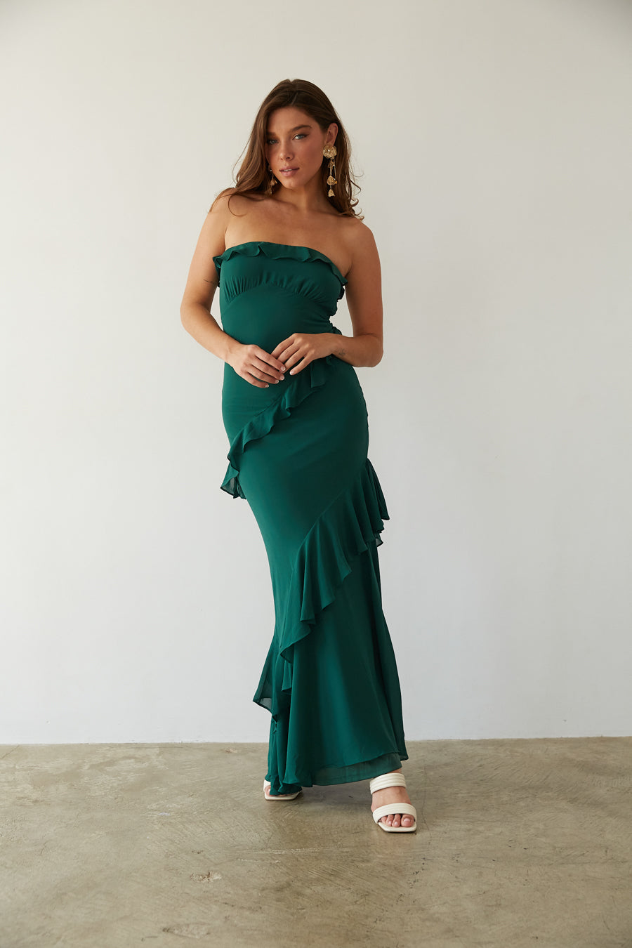 Ruffle Open Back Maxi Dress – Strapless Chiffon Gown & Homecoming Dress