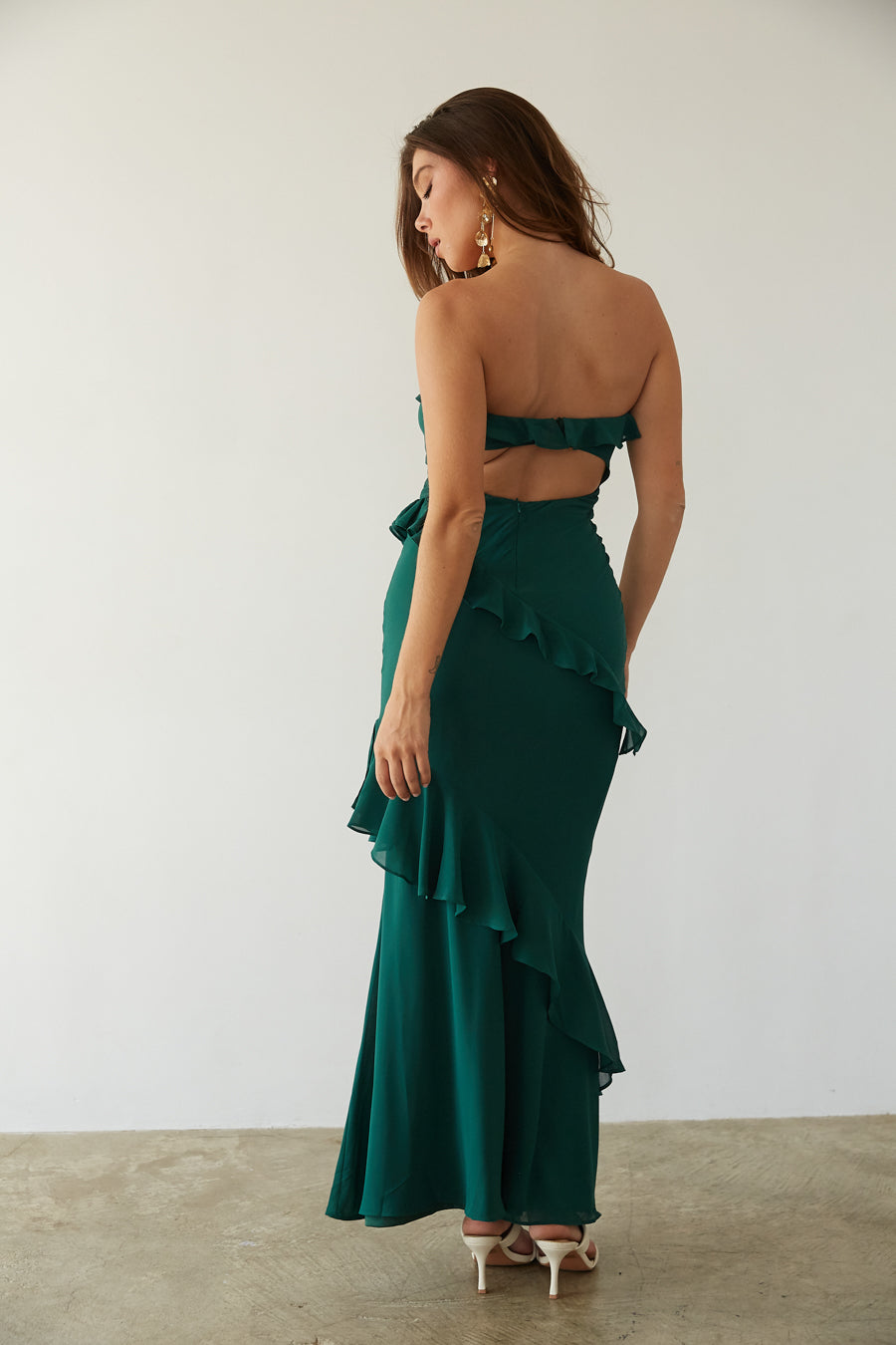 Ruffle Open Back Maxi Dress – Strapless Chiffon Gown & Homecoming Dress