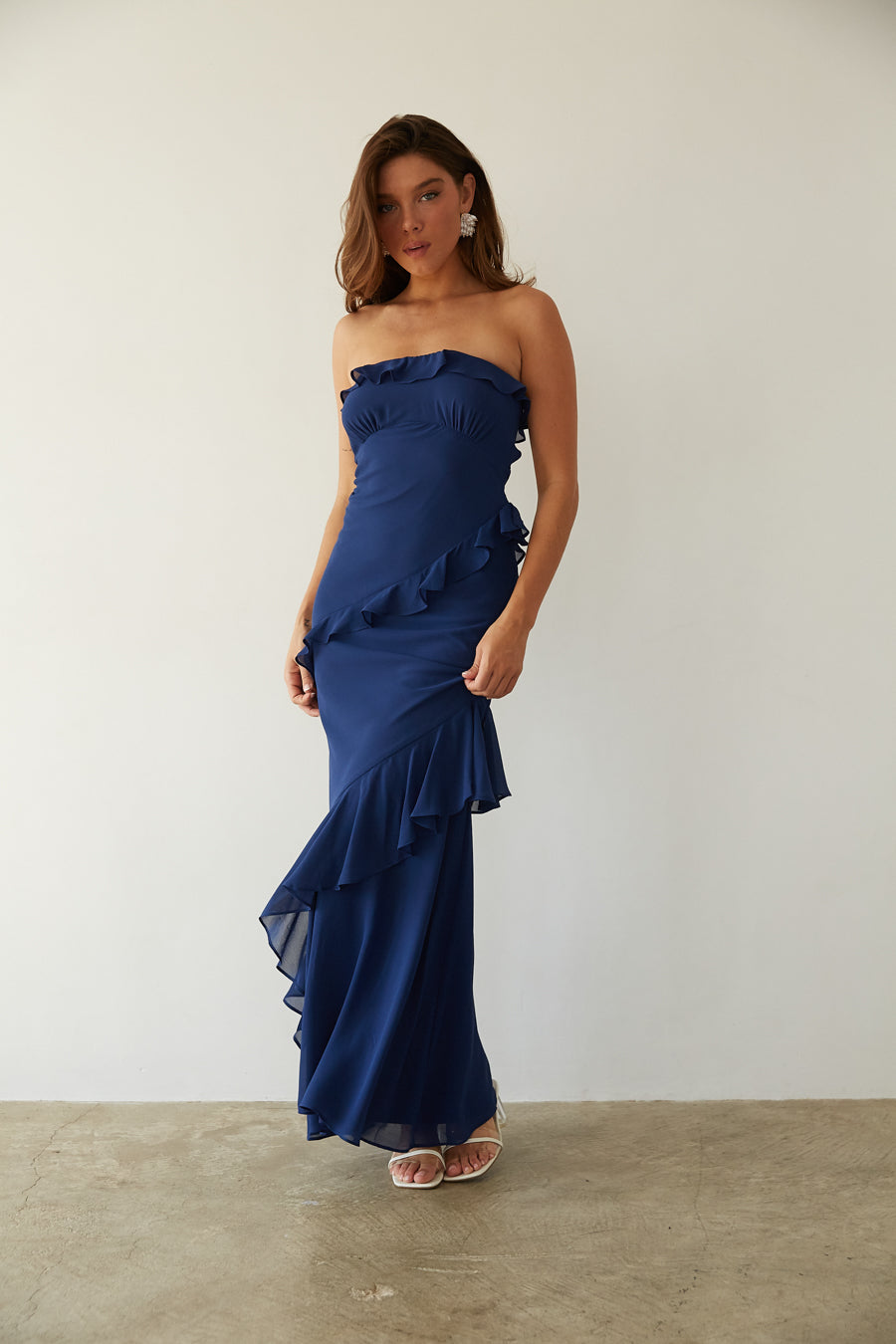 Ruffle Open Back Maxi Dress – Strapless Chiffon Gown & Homecoming Dress