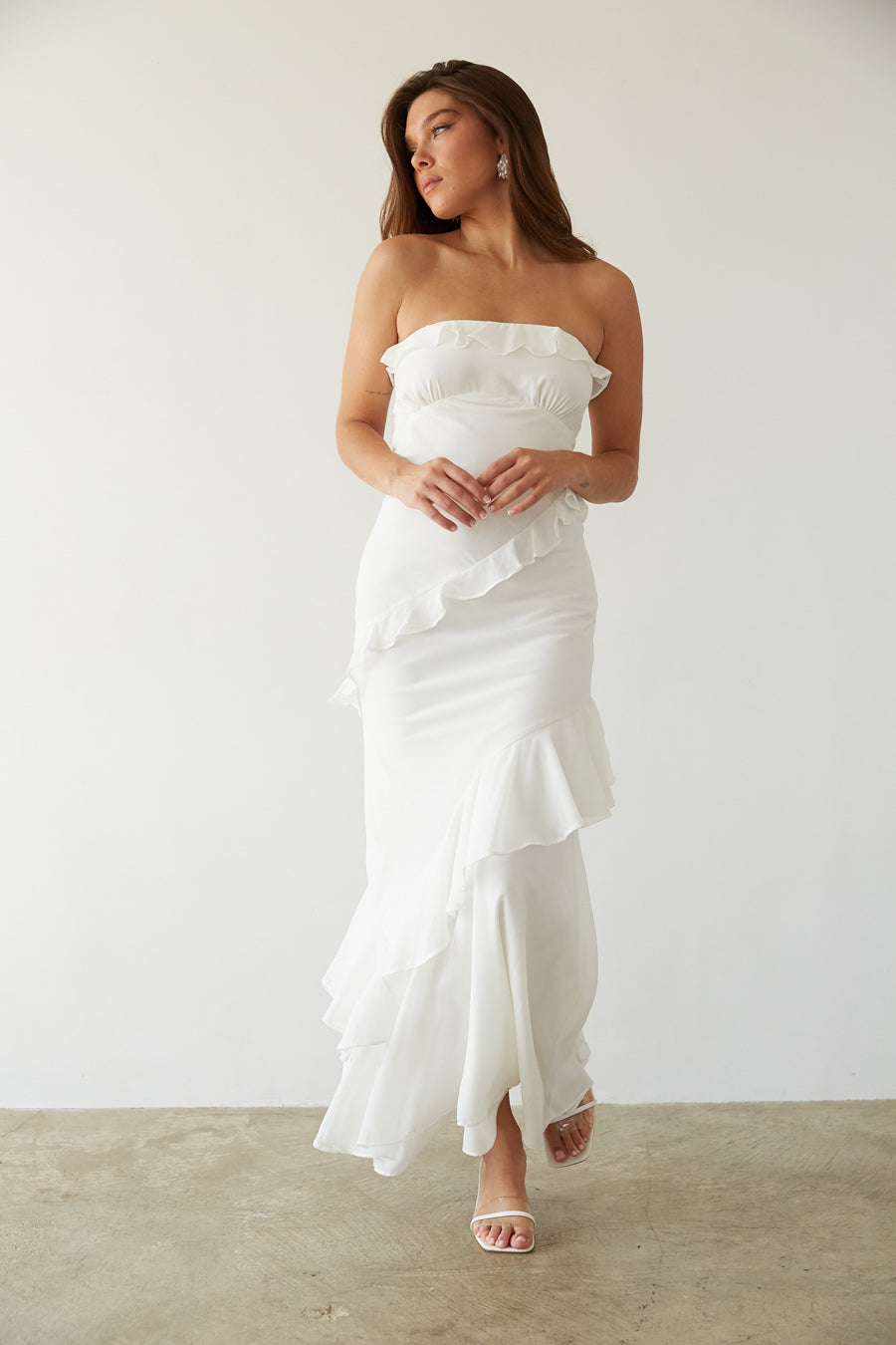 Ruffle Open Back Maxi Dress – Strapless Chiffon Gown & Homecoming Dress