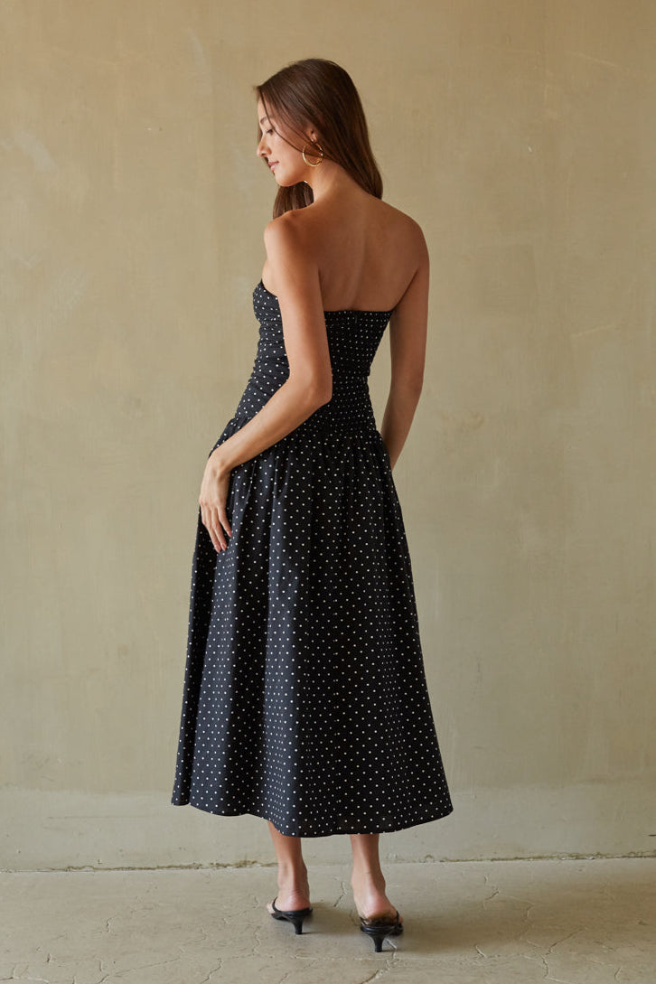 Cotton Polka Dot Strapless Drop Waist Fit & Flare Midi Dress – Chic Bridesmaid Wedding Guest Outfit