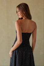 Cotton Polka Dot Strapless Drop Waist Fit & Flare Midi Dress – Chic Bridesmaid Wedding Guest Outfit