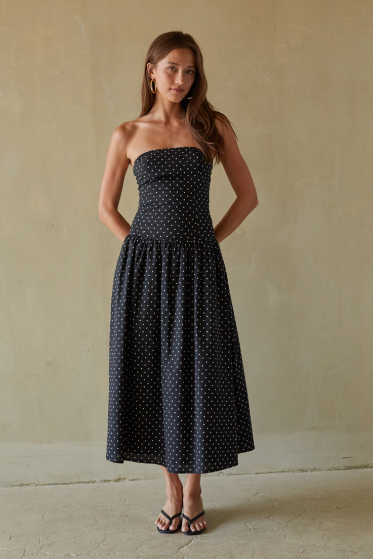 Cotton Polka Dot Strapless Drop Waist Fit & Flare Midi Dress – Chic Bridesmaid Wedding Guest Outfit