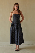 Cotton Polka Dot Strapless Drop Waist Fit & Flare Midi Dress – Chic Bridesmaid Wedding Guest Outfit