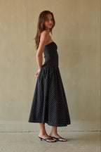 Cotton Polka Dot Strapless Drop Waist Fit & Flare Midi Dress – Chic Bridesmaid Wedding Guest Outfit