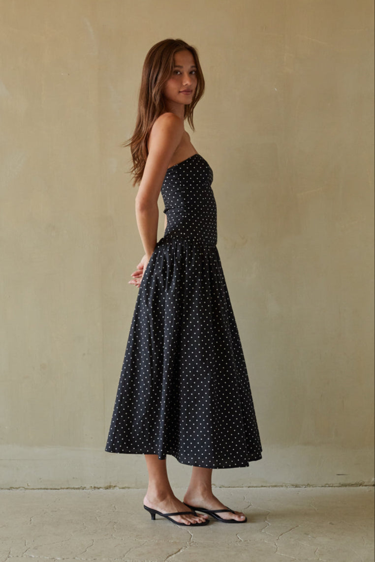 Cotton Polka Dot Strapless Drop Waist Fit & Flare Midi Dress – Chic Bridesmaid Wedding Guest Outfit