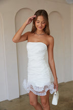 Ruched Strapless Polka Dot Ruffle Hem Bodycon Mini Dress – Chic Bridesmaid Wedding Guest Party Outfit
