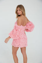 Flower Appliqué Off Shoulder Puff Sleeve Shift Mini Dress – Romantic Bridesmaid Wedding Guest Outfit
