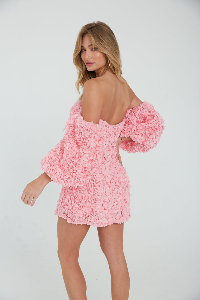 Flower Appliqué Off Shoulder Puff Sleeve Shift Mini Dress – Romantic Bridesmaid Wedding Guest Outfit