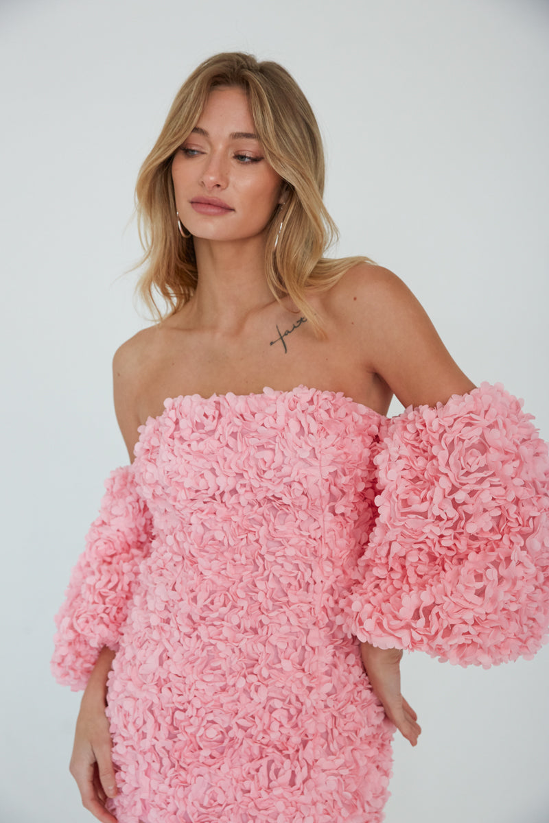 Flower Appliqué Off Shoulder Puff Sleeve Shift Mini Dress – Romantic Bridesmaid Wedding Guest Outfit