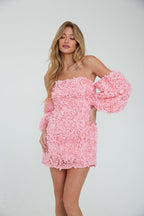 Flower Appliqué Off Shoulder Puff Sleeve Shift Mini Dress – Romantic Bridesmaid Wedding Guest Outfit