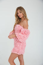 Flower Appliqué Off Shoulder Puff Sleeve Shift Mini Dress – Romantic Bridesmaid Wedding Guest Outfit