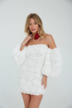 Flower Appliqué Off Shoulder Puff Sleeve Shift Mini Dress – Romantic Bridesmaid Wedding Guest Outfit