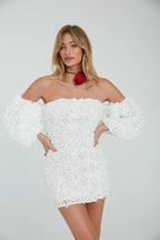 Flower Appliqué Off Shoulder Puff Sleeve Shift Mini Dress – Romantic Bridesmaid Wedding Guest Outfit