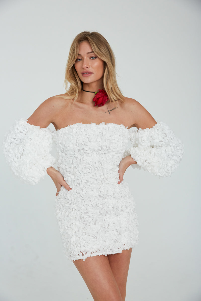 Flower Appliqué Off Shoulder Puff Sleeve Shift Mini Dress – Romantic Bridesmaid Wedding Guest Outfit