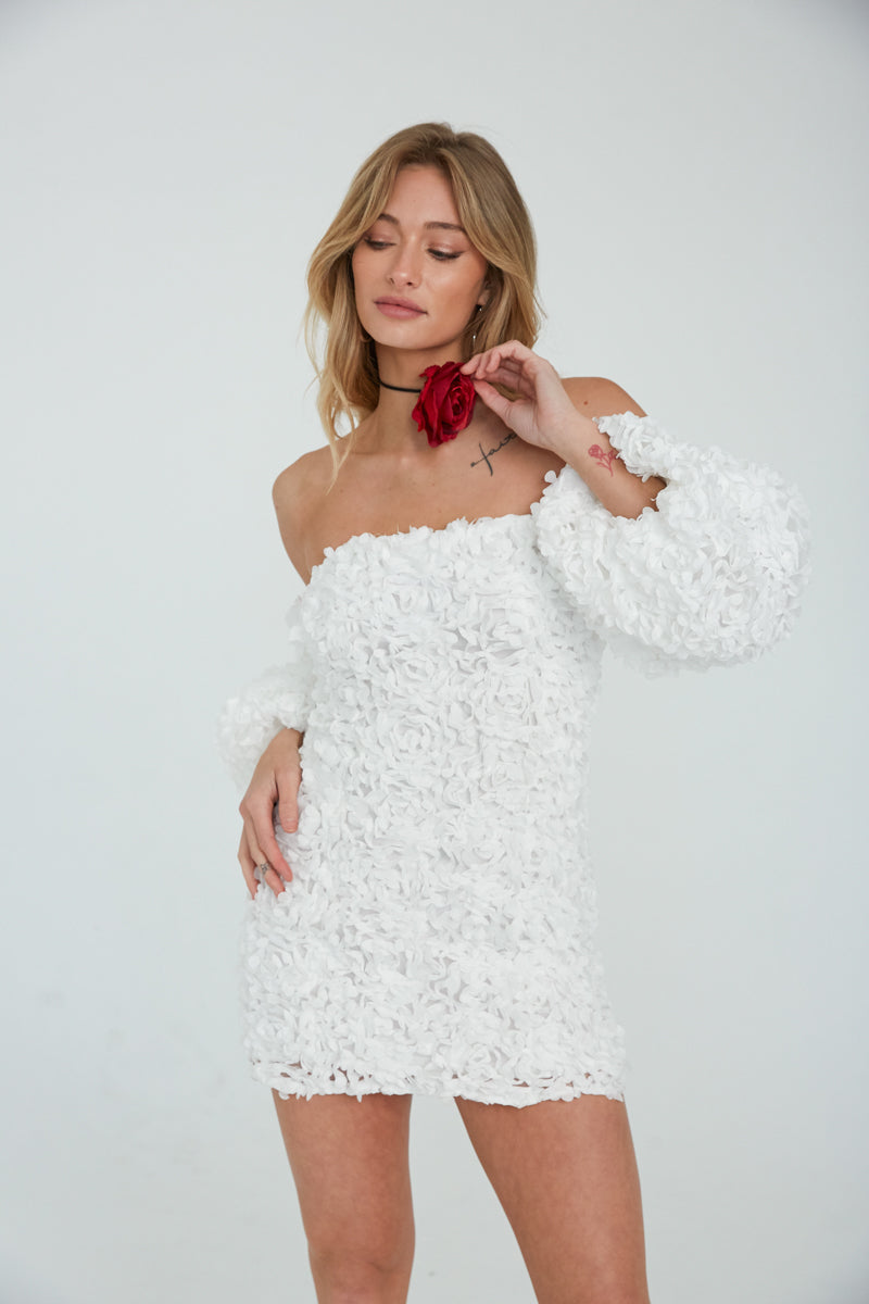Flower Appliqué Off Shoulder Puff Sleeve Shift Mini Dress – Romantic Bridesmaid Wedding Guest Outfit