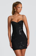 Schwarzes Mesh-Minikleid mit Korsett-Oberteil – Abiballkleid kurz