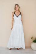 White Contrast Trim Drop Waist Ruched Deep V Maxi Dress – Elegant Bridesmaid Wedding Guest Gown