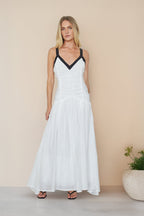 White Contrast Trim Drop Waist Ruched Deep V Maxi Dress – Elegant Bridesmaid Wedding Guest Gown