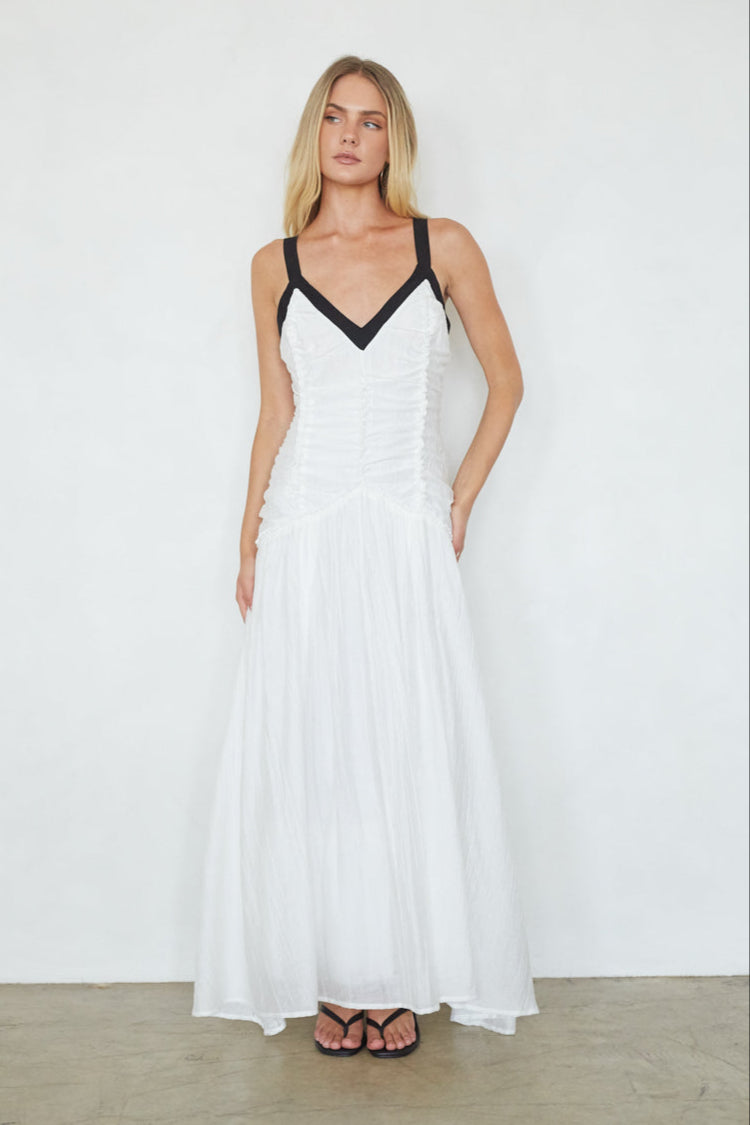 White Contrast Trim Drop Waist Ruched Deep V Maxi Dress – Elegant Bridesmaid Wedding Guest Gown