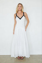 White Contrast Trim Drop Waist Ruched Deep V Maxi Dress – Elegant Bridesmaid Wedding Guest Gown