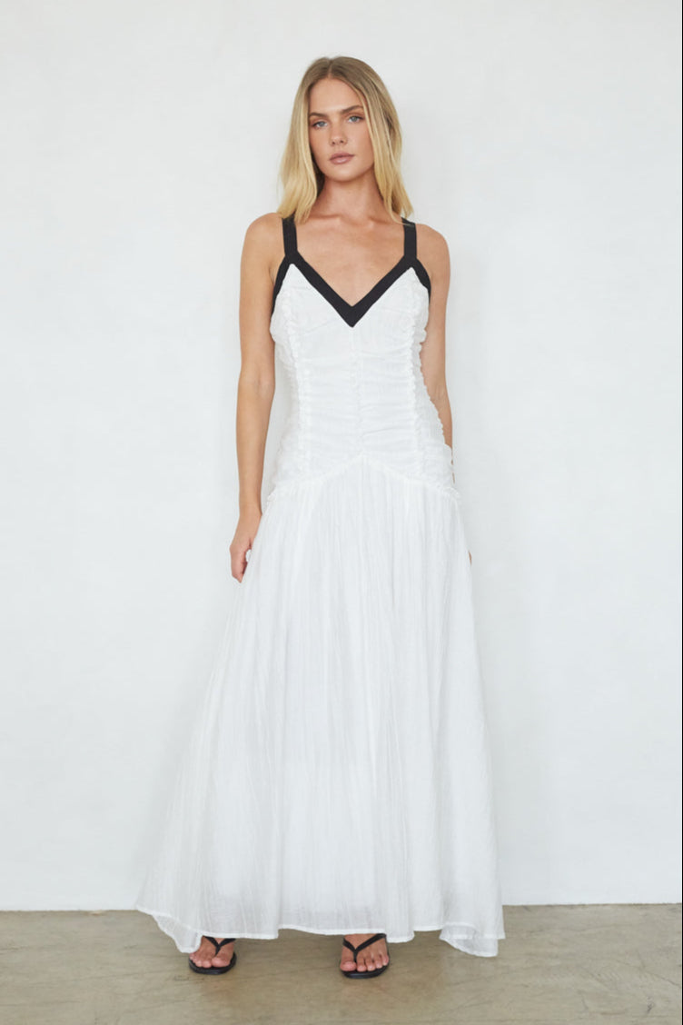 White Contrast Trim Drop Waist Ruched Deep V Maxi Dress – Elegant Bridesmaid Wedding Guest Gown