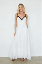 White Contrast Trim Drop Waist Ruched Deep V Maxi Dress – Elegant Bridesmaid Wedding Guest Gown