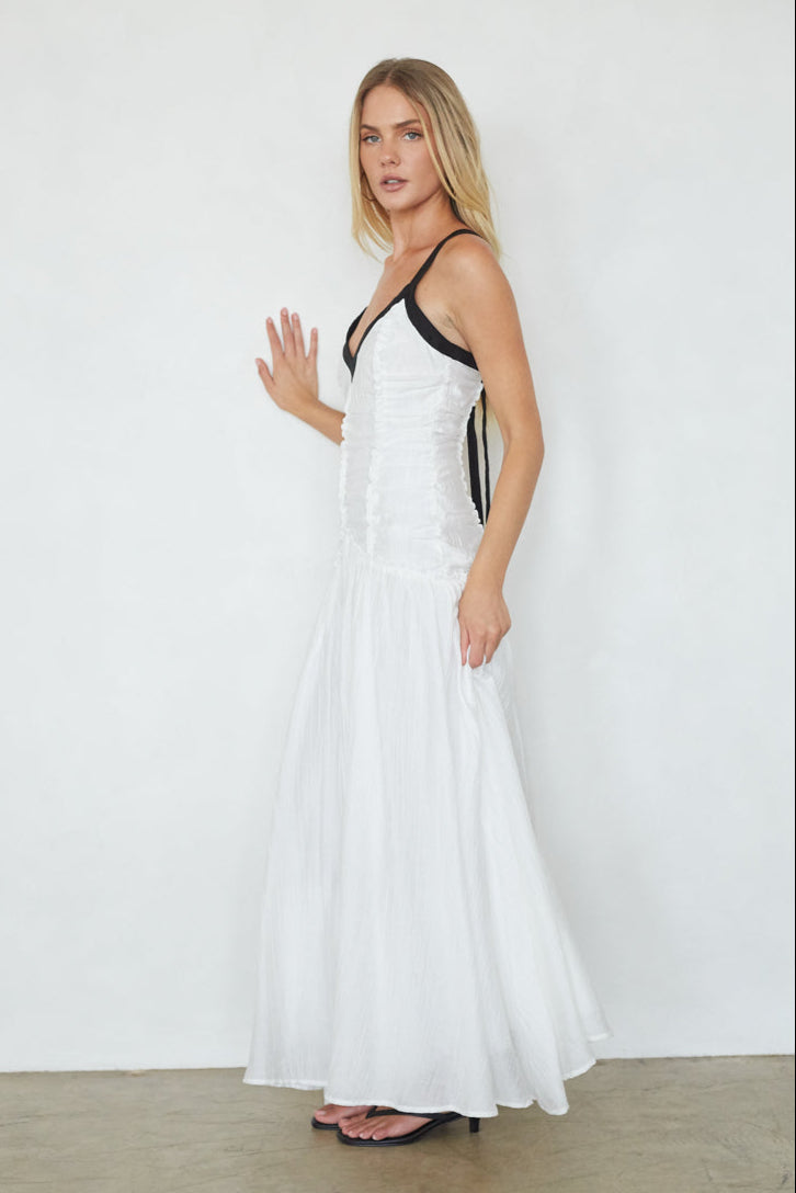 White Contrast Trim Drop Waist Ruched Deep V Maxi Dress – Elegant Bridesmaid Wedding Guest Gown