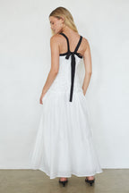White Contrast Trim Drop Waist Ruched Deep V Maxi Dress – Elegant Bridesmaid Wedding Guest Gown