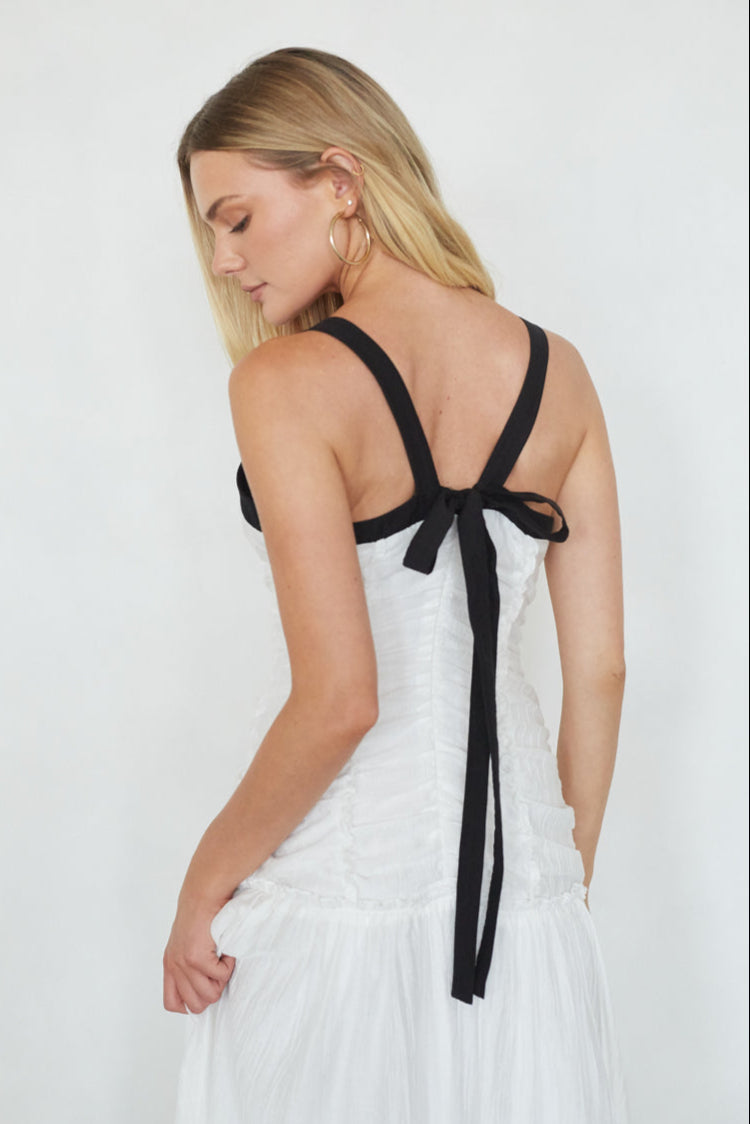 White Contrast Trim Drop Waist Ruched Deep V Maxi Dress – Elegant Bridesmaid Wedding Guest Gown