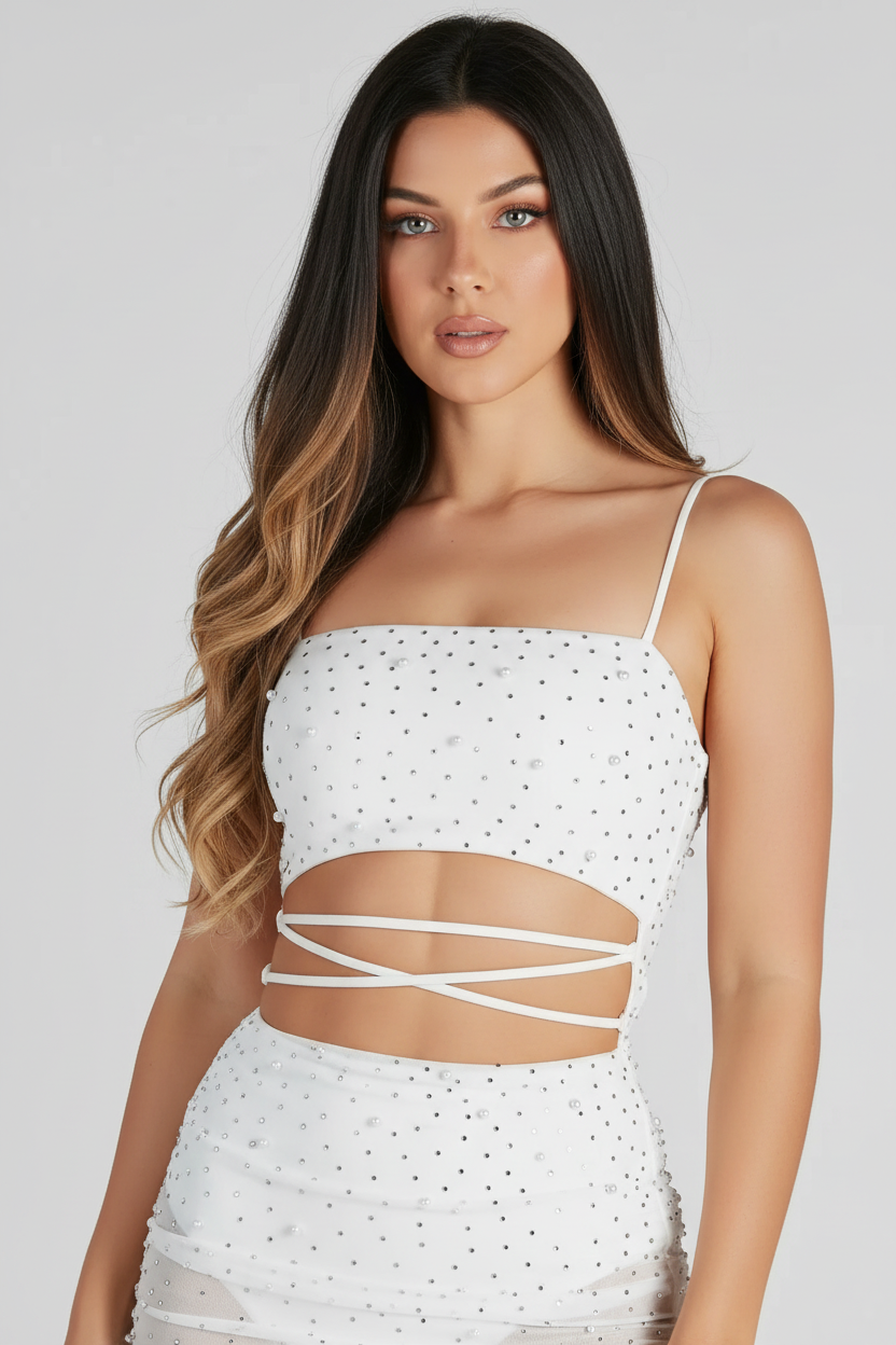Pearl Rhinestone Lace-Up Mini Dress – Bodice Detail