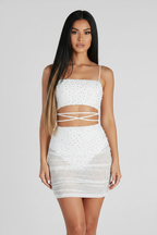 Pearl Rhinestone Lace-Up Mini Dress – Front Full-Length