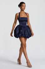 Marineblaues Satin-Minikleid mit eckigem Ausschnitt – Partykleid kurz