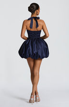 Marineblaues Satin-Minikleid mit eckigem Ausschnitt – Partykleid kurz