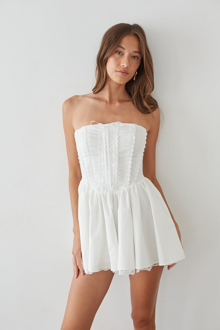 Strapless Lace Corset Fit & Flare Mini Dress – Romantic Bridesmaid Wedding Guest Party Outfit