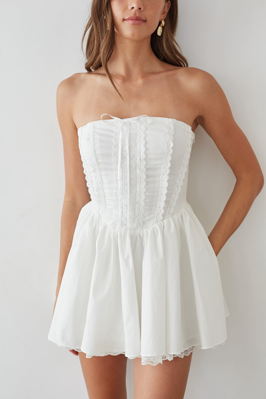 Strapless Lace Corset Fit & Flare Mini Dress – Romantic Bridesmaid Wedding Guest Party Outfit