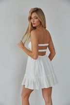 Strapless Twist Front Keyhole Open Back Romper with Built-In Shorts – Chic Bridesmaid Wedding Guest Outfit