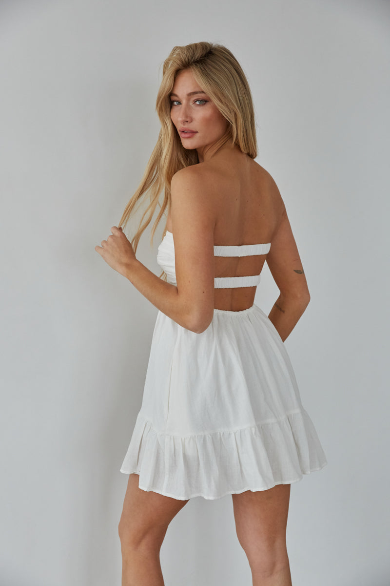 Strapless Twist Front Keyhole Open Back Romper with Built-In Shorts – Chic Bridesmaid Wedding Guest Outfit