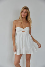 Strapless Twist Front Keyhole Open Back Romper with Built-In Shorts – Chic Bridesmaid Wedding Guest Outfit