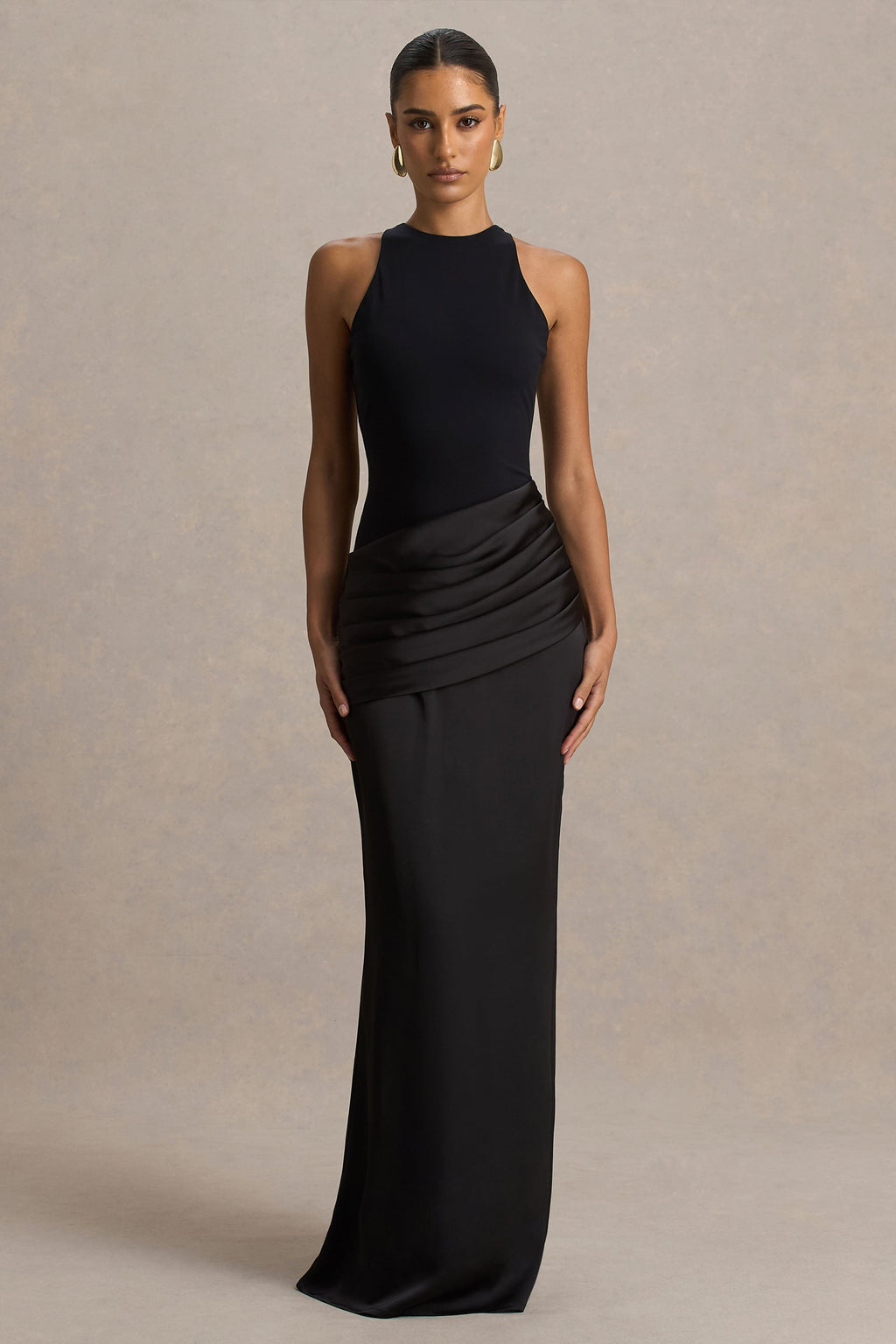 Black Jersey Satin Round Neck Asymmetric Waist Maxi Dress – Glamorous Wedding Guest Evening Gown