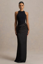 Black Jersey Satin Round Neck Asymmetric Waist Maxi Dress – Glamorous Wedding Guest Evening Gown