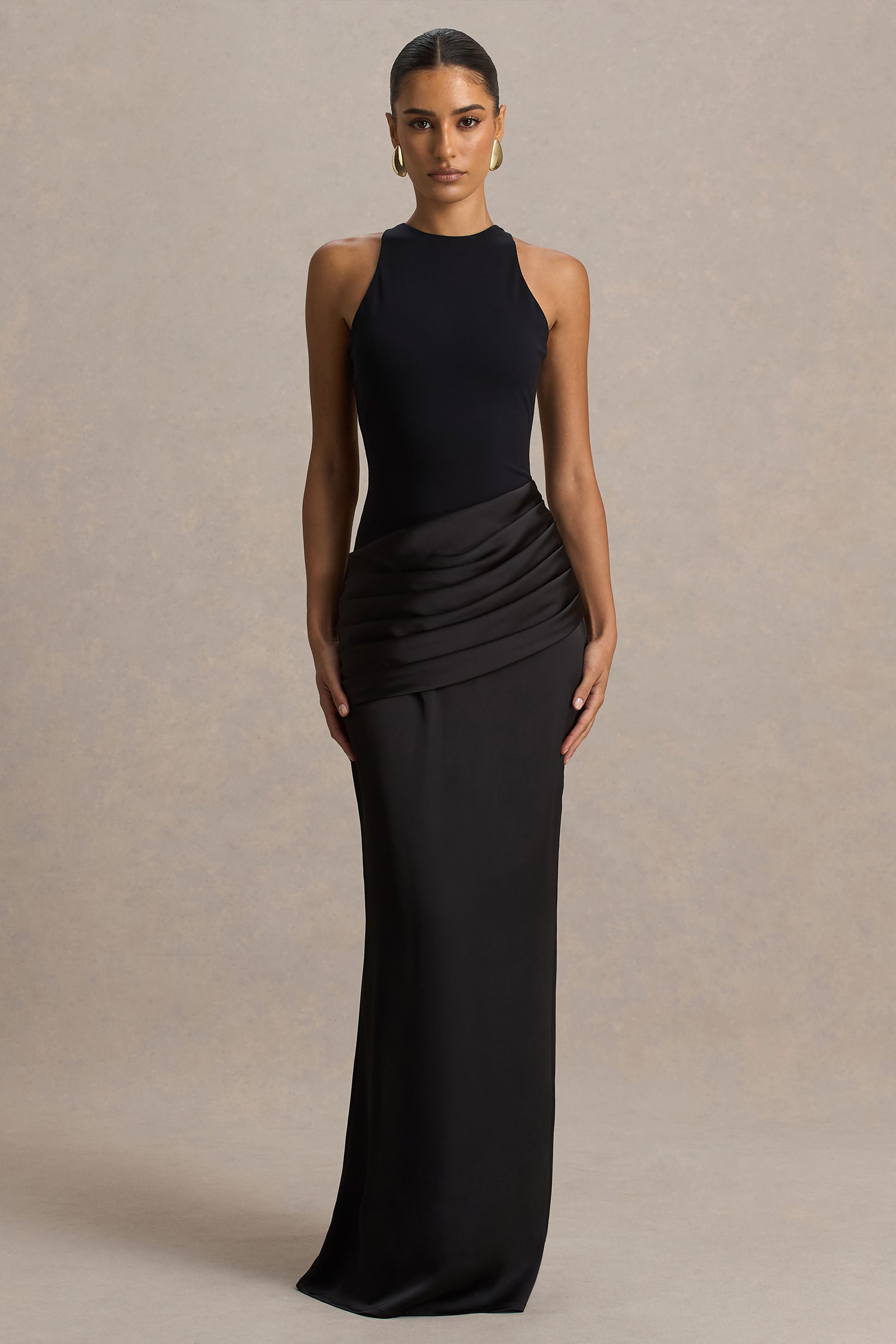 Black Jersey Satin Round Neck Asymmetric Waist Maxi Dress – Glamorous Wedding Guest Evening Gown