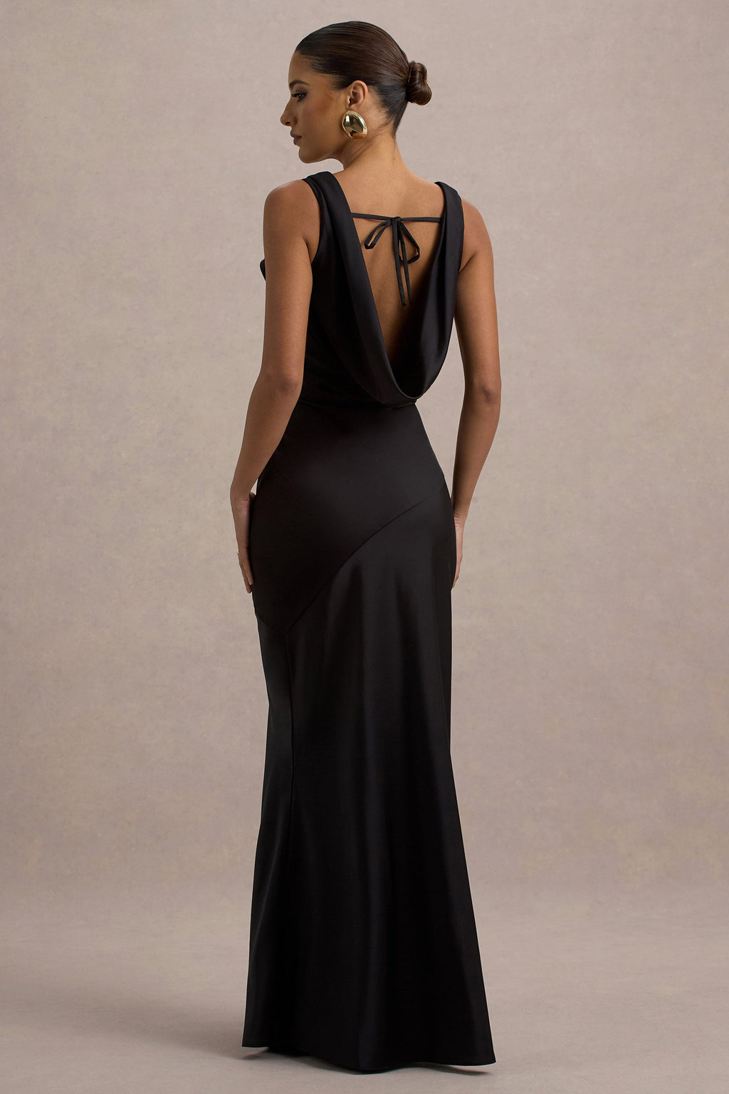 Black Satin Cowl Neck Maxi Dress – Glamorous Wedding Guest Evening Gown