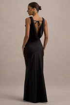 Black Satin Cowl Neck Maxi Dress – Glamorous Wedding Guest Evening Gown