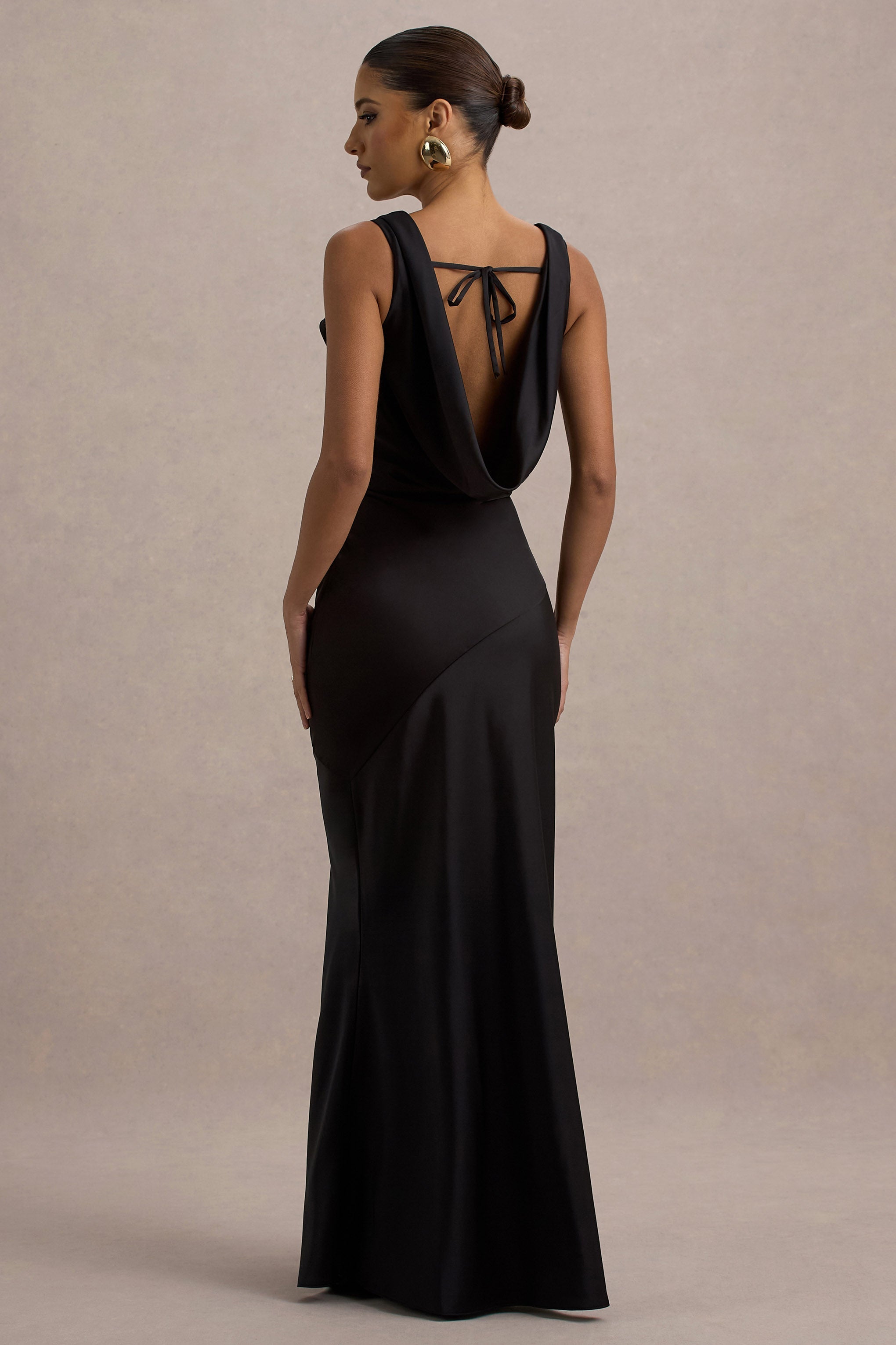Black Satin Cowl Neck Maxi Dress – Glamorous Wedding Guest Evening Gown