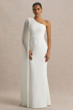 White Asymmetric Cape Sleeve Maxi Dress – Glamorous Wedding Guest Evening Gown