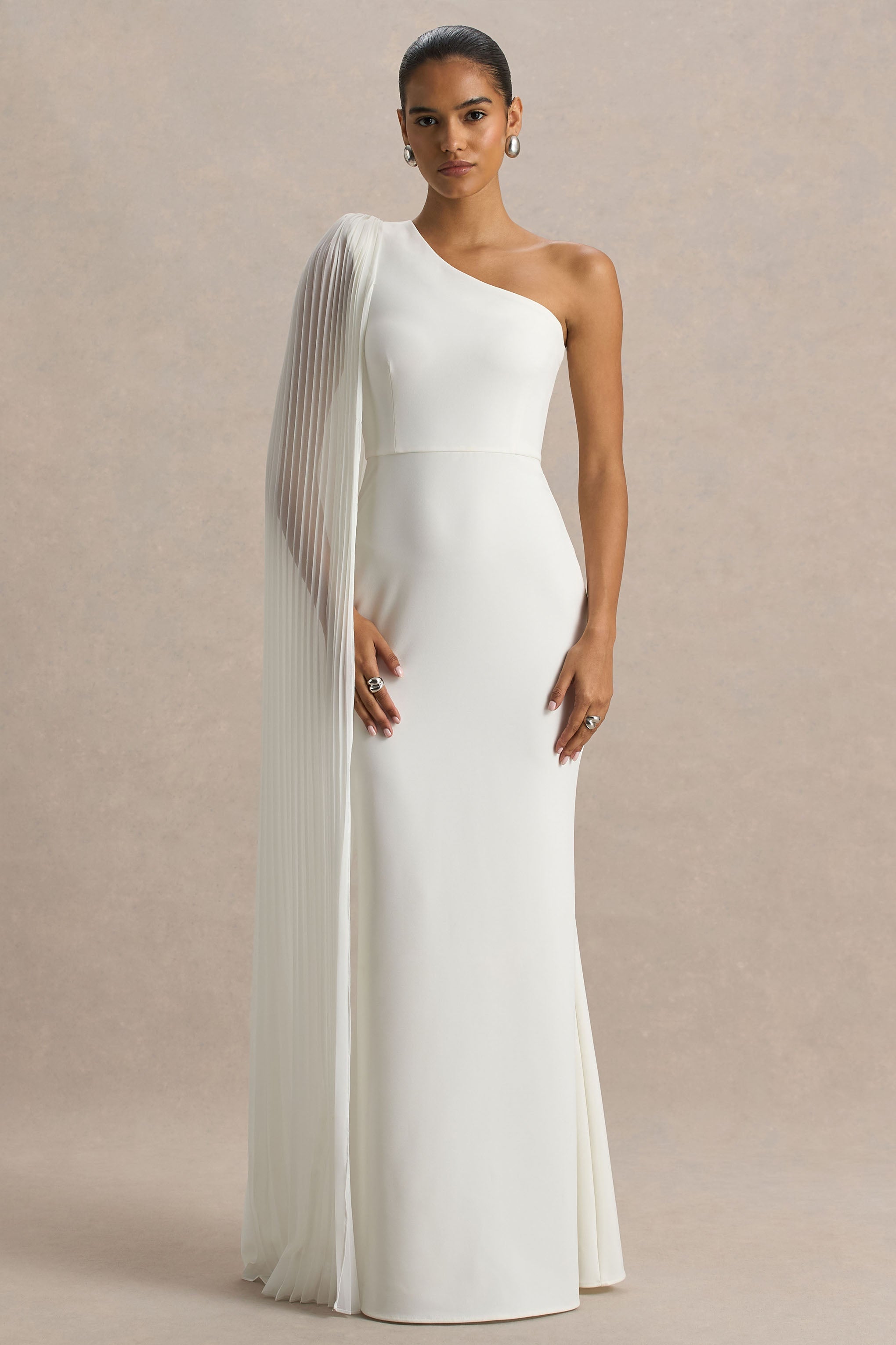 White Asymmetric Cape Sleeve Maxi Dress – Glamorous Wedding Guest Evening Gown