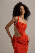Orange Asymmetric Neckline Wrap Skirt Maxi Dress – Luxury Holiday Evening Gown